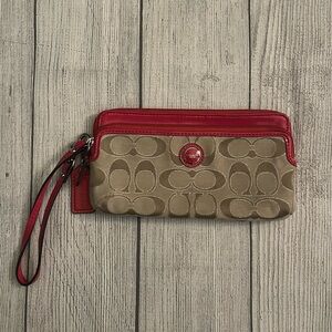 Coach Signature Beige and Red Wristlet